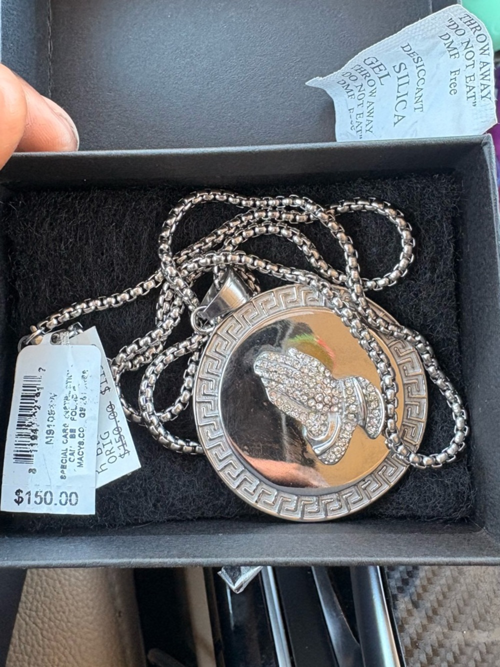 Silver Medallion Pendant Necklace with Paved Accent